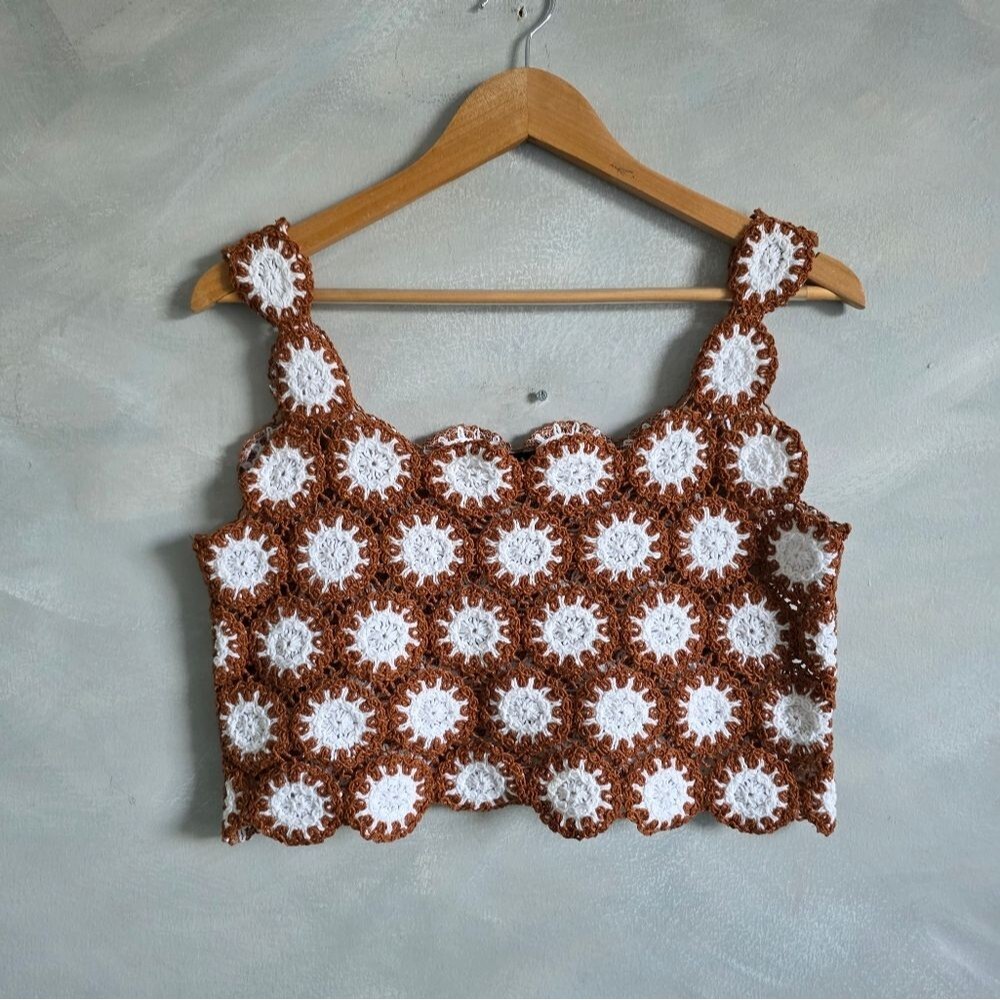 Nwot Brown Whute Crochet Crop Tank Sleeveless Top Sz S